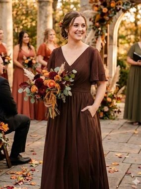 Elegant Brown V-Neck Maxi Dress
